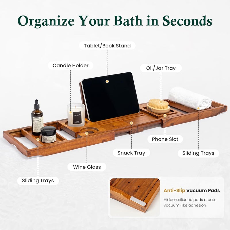 Realgulf Teak Bathtub Tray, Bath Caddy with Wine Glass Holder, Phone Dock & Book Stand | Hands-Free Reading & Ultimate Spa Relaxation Experience-Natural - Image 3